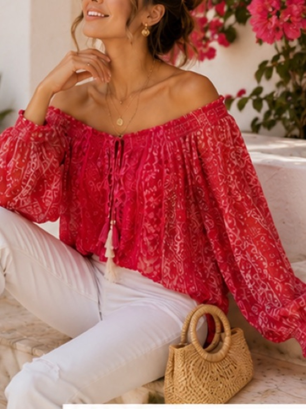 Rococo Sand Silk Off The Shoulder Blouse Hot Pink Embroidered Excellent Size XS